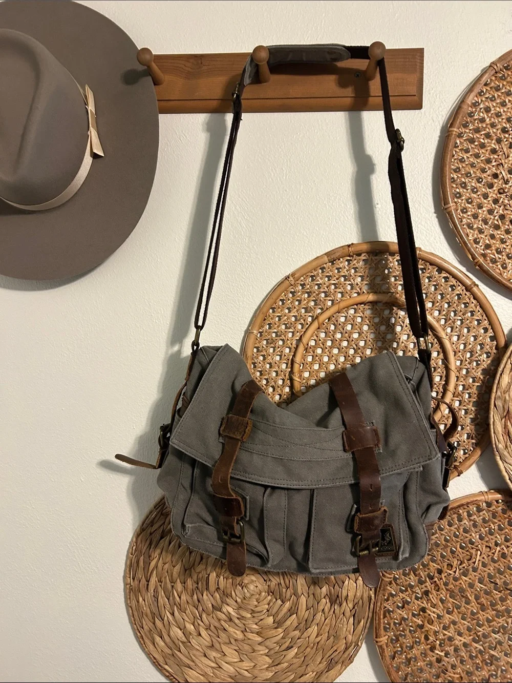 Peace Chaos Canvas Messenger Bag with Brown Leather Straps